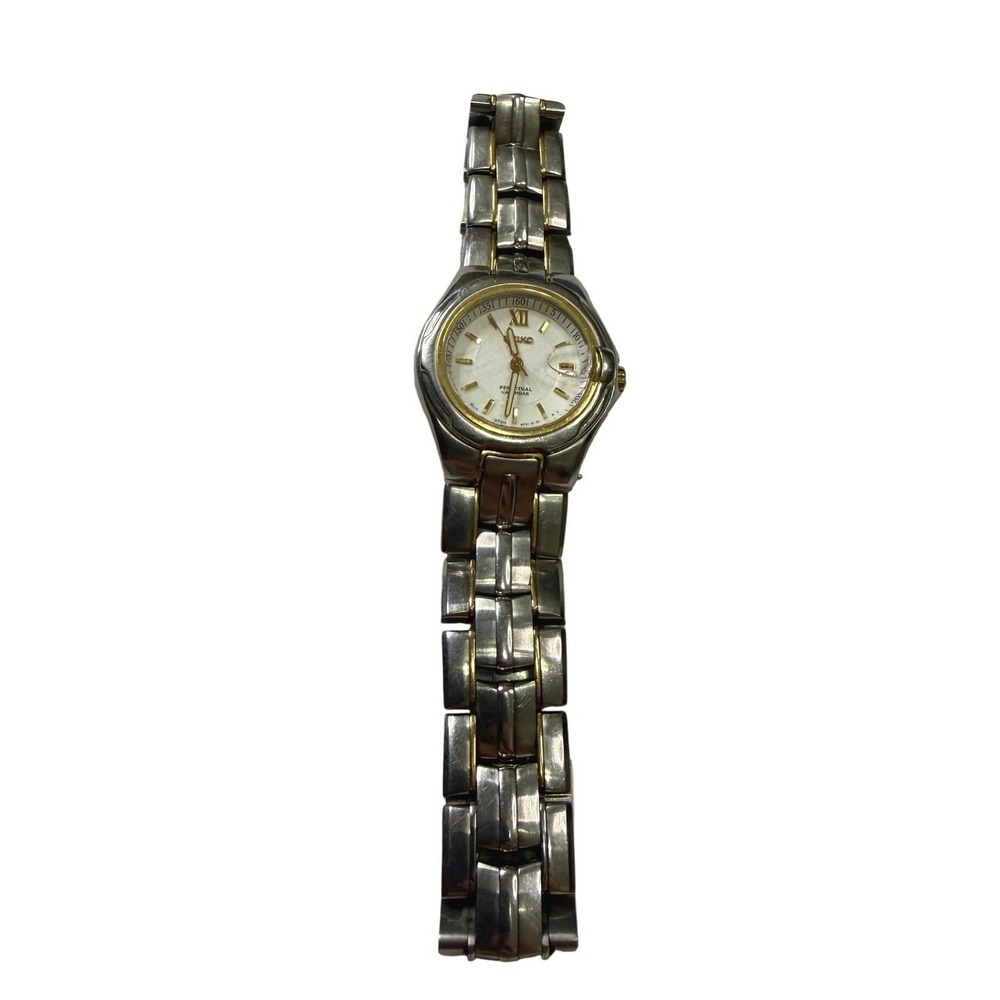 Seiko Perpetual Calendar 4F32-0131 Two Tone 18K Gold Bezel Womens Watch 26mm